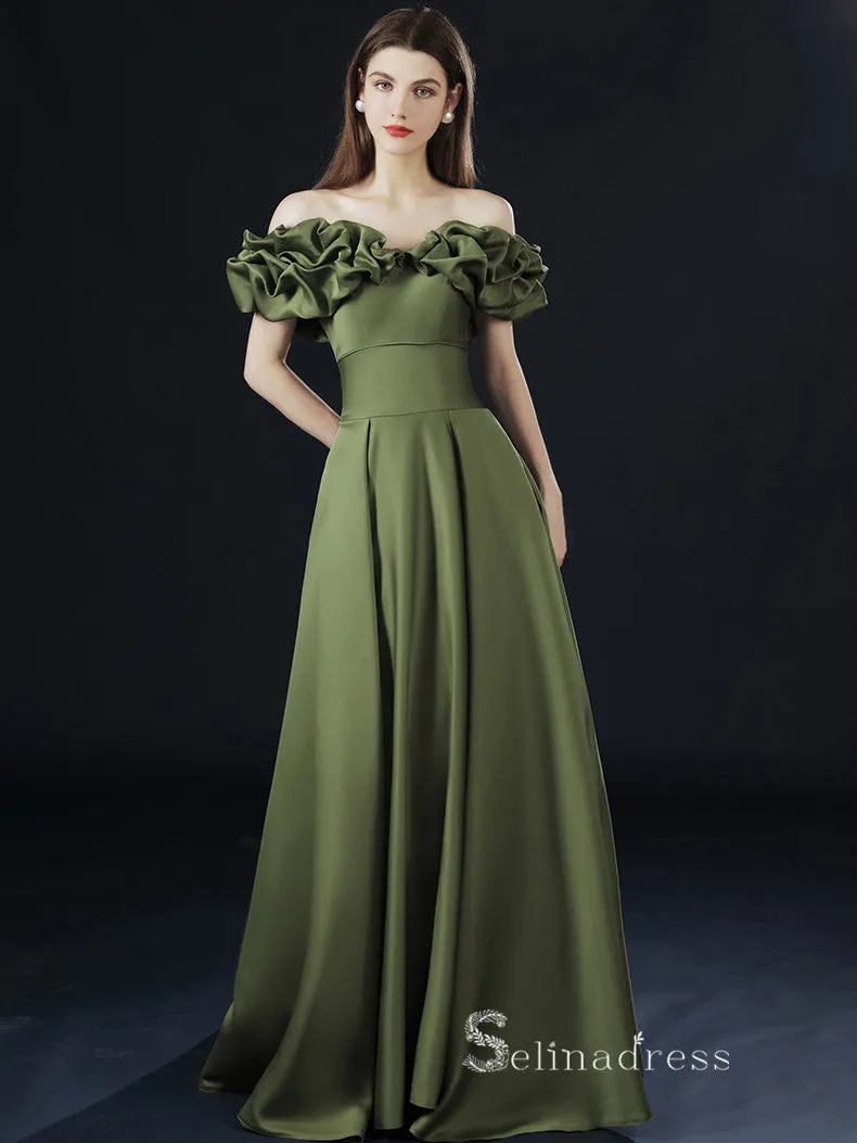 A-line Off-the-shoulder Yellow Long Prom Dress Simple Satin Evening Dresses GKF016