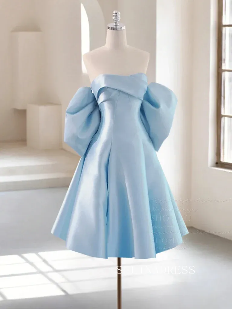 A-Line Satin Blue Short Prom Dress Simple Homecoming Dress #TKL2119