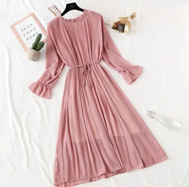 Amy Fashion - Casual Flare Sleeve Office Chiffon Dot Print Dresses