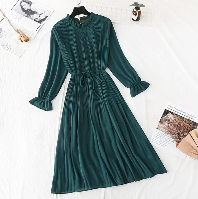 Amy Fashion - Casual Flare Sleeve Office Chiffon Dot Print Dresses