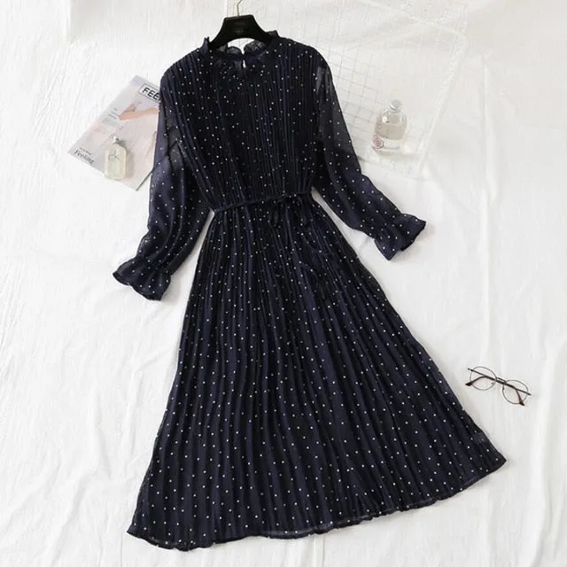 Amy Fashion - Casual Flare Sleeve Office Chiffon Dot Print Dresses