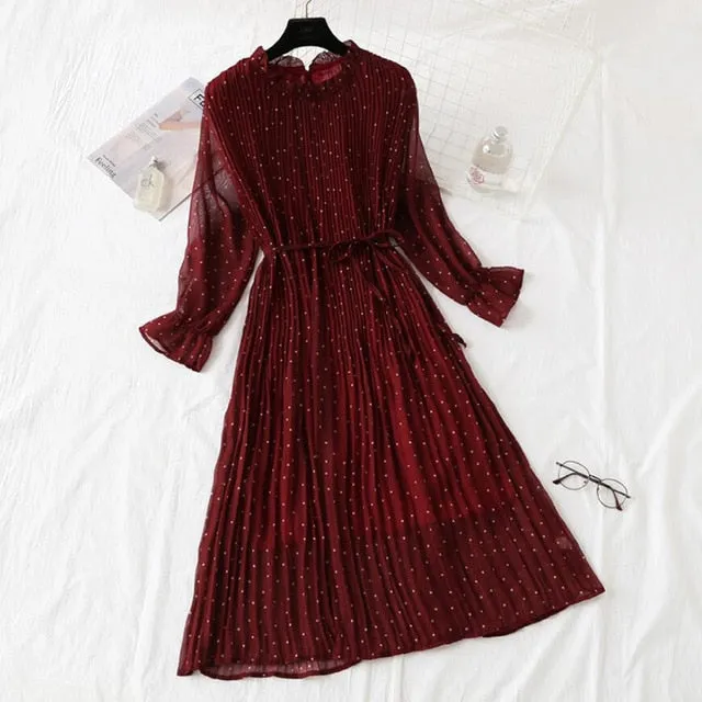 Amy Fashion - Casual Flare Sleeve Office Chiffon Dot Print Dresses