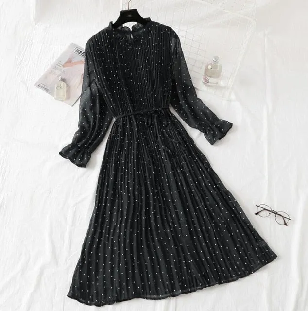 Amy Fashion - Casual Flare Sleeve Office Chiffon Dot Print Dresses