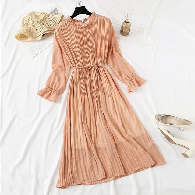 Amy Fashion - Casual Flare Sleeve Office Chiffon Dot Print Dresses