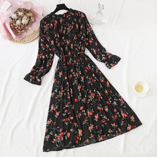 Amy Fashion - Casual Flare Sleeve Office Chiffon Dot Print Dresses
