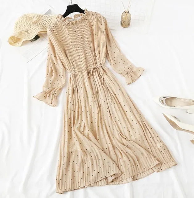 Amy Fashion - Casual Flare Sleeve Office Chiffon Dot Print Dresses