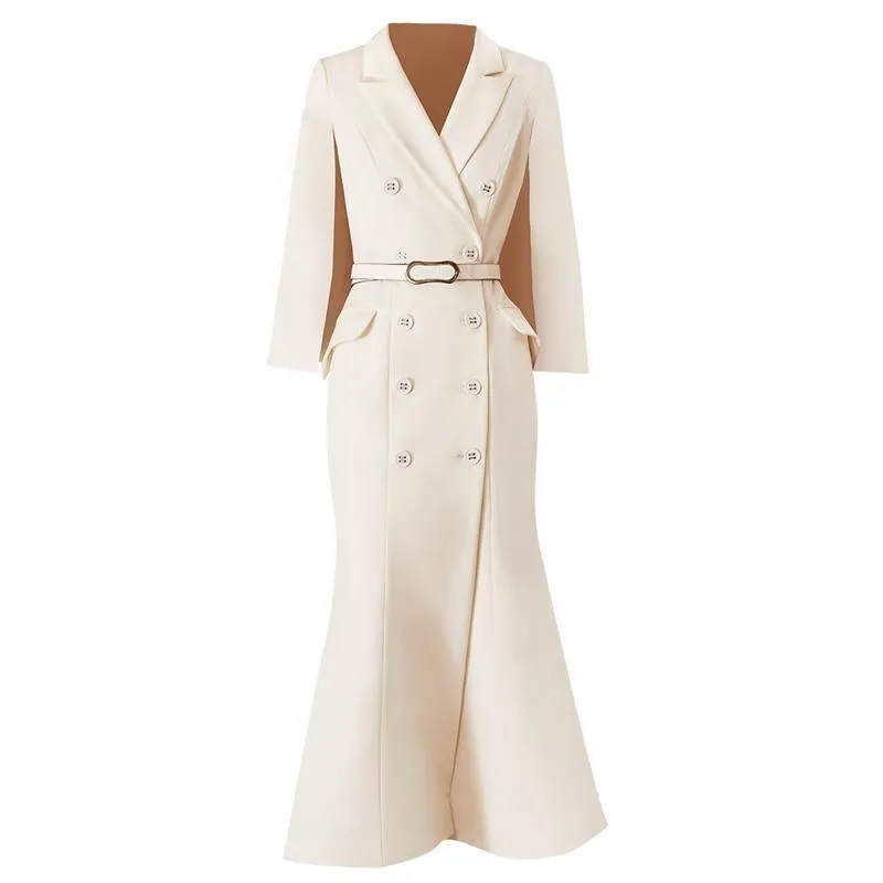 Double Breasted Sleeveless White Ankle-Length Office Lady Dress