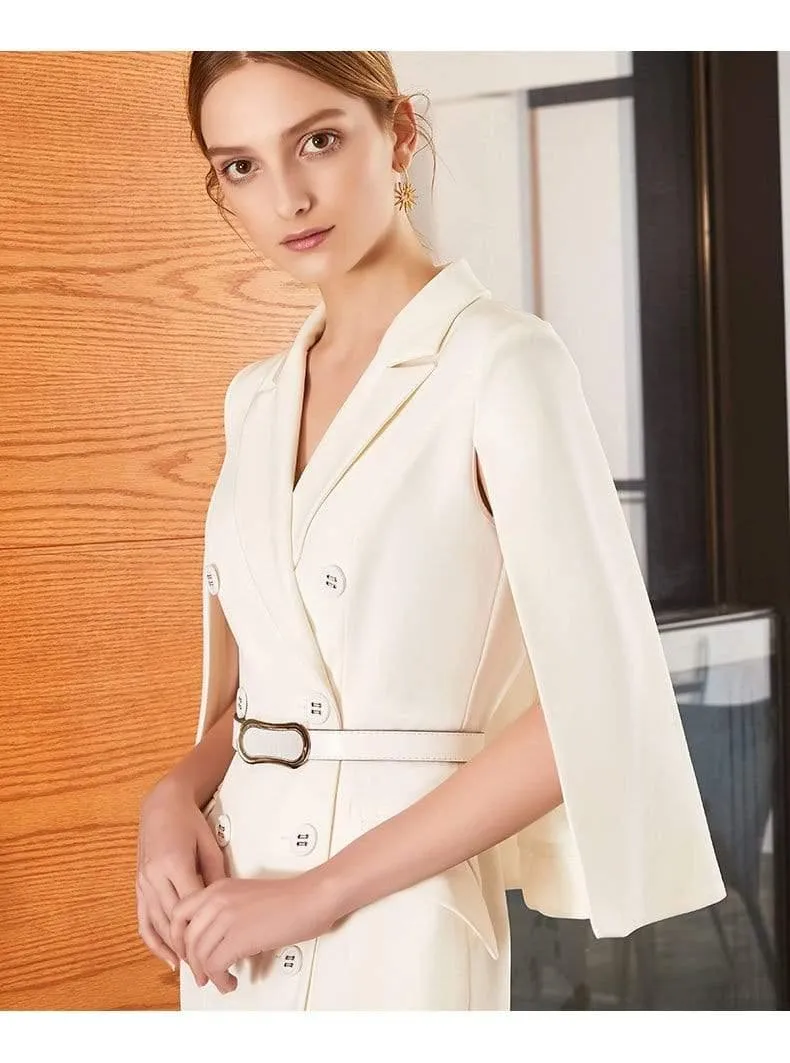 Double Breasted Sleeveless White Ankle-Length Office Lady Dress