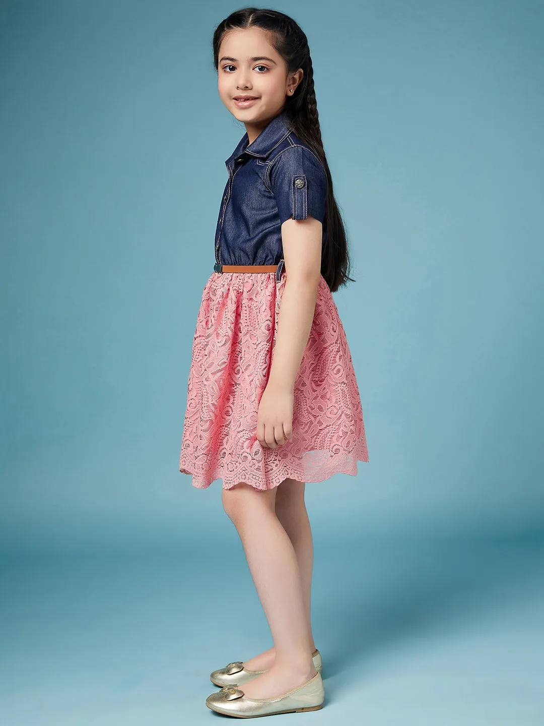Girls Laced Floral Denim Shirt Dress