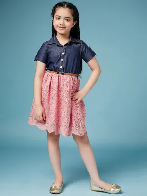 Girls Laced Floral Denim Shirt Dress