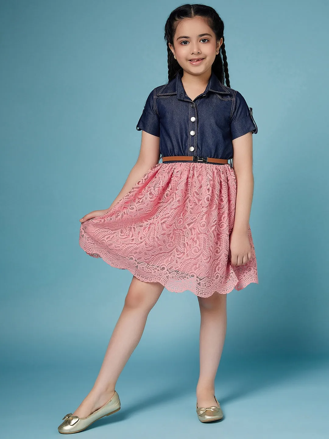 Girls Laced Floral Denim Shirt Dress