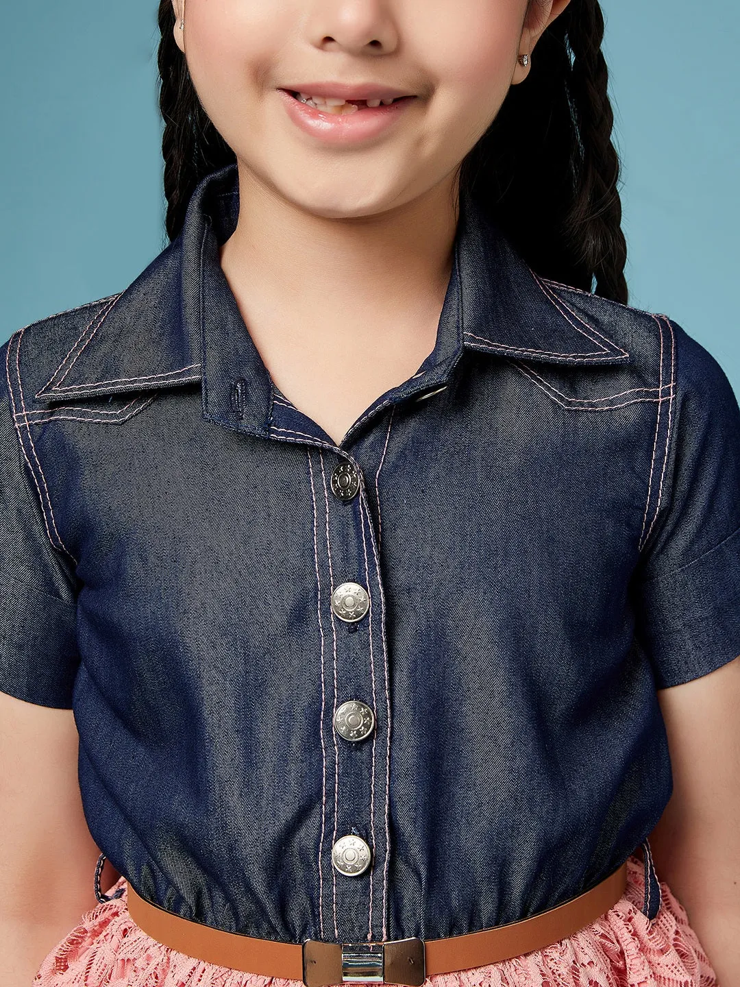 Girls Laced Floral Denim Shirt Dress