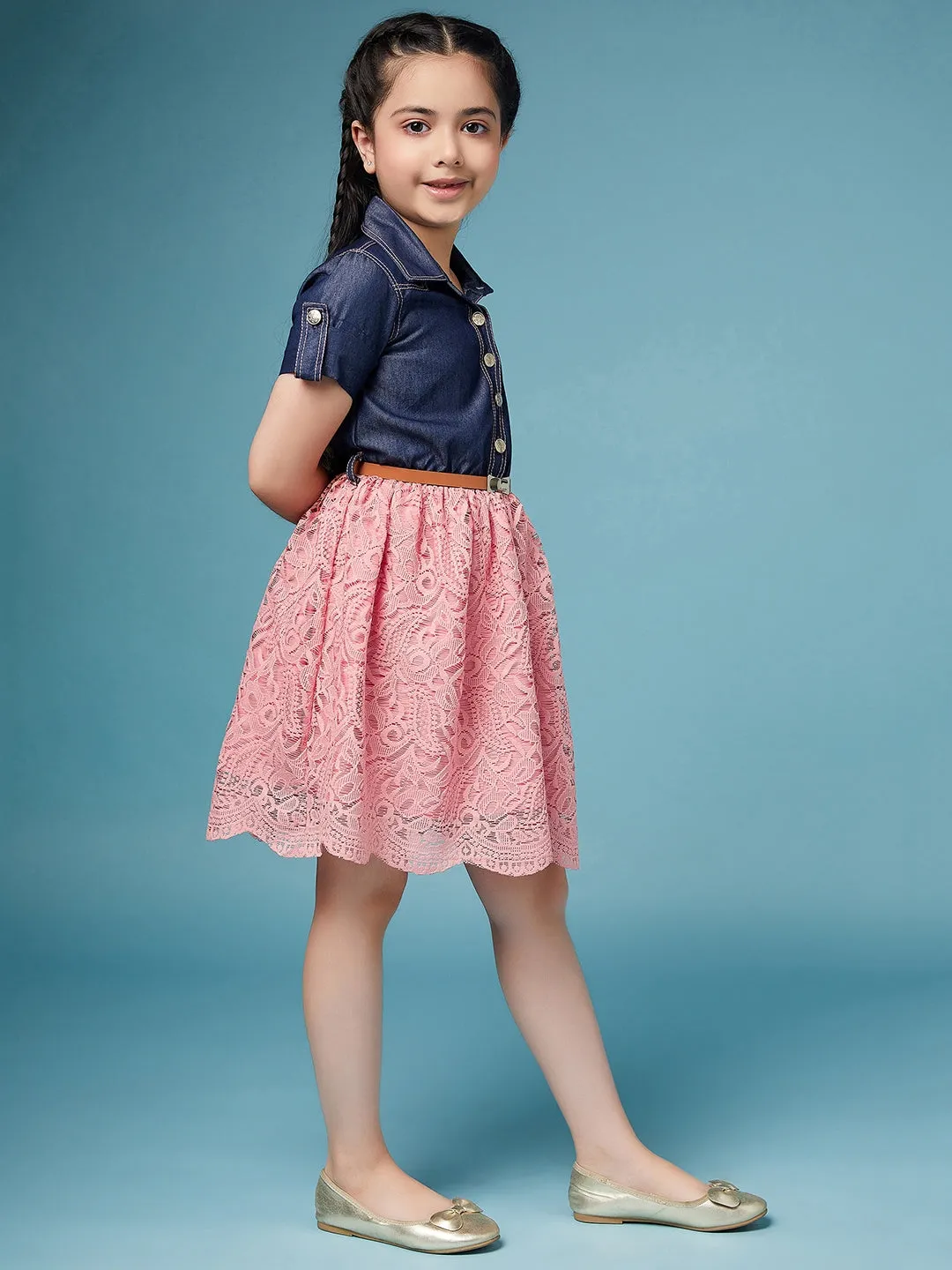 Girls Laced Floral Denim Shirt Dress