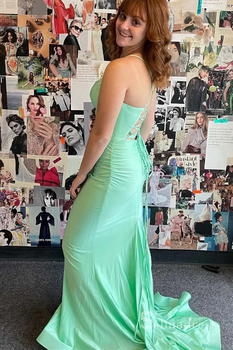 Mermaid Spaghetti Straps Simple Long Prom Dresses Satin Evening Dress MHL2880