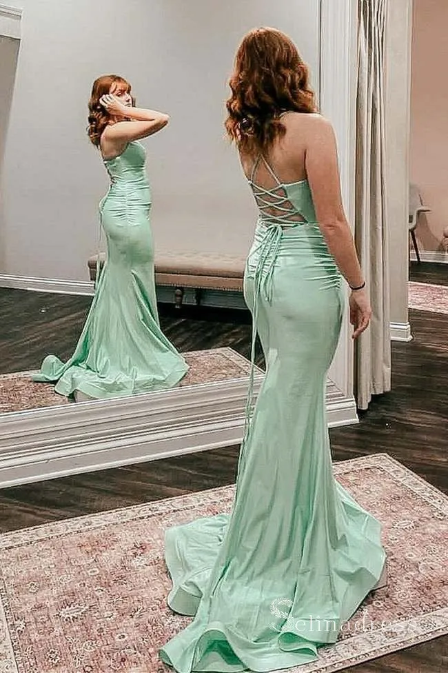 Mermaid Spaghetti Straps Simple Long Prom Dresses Satin Evening Dress MHL2880