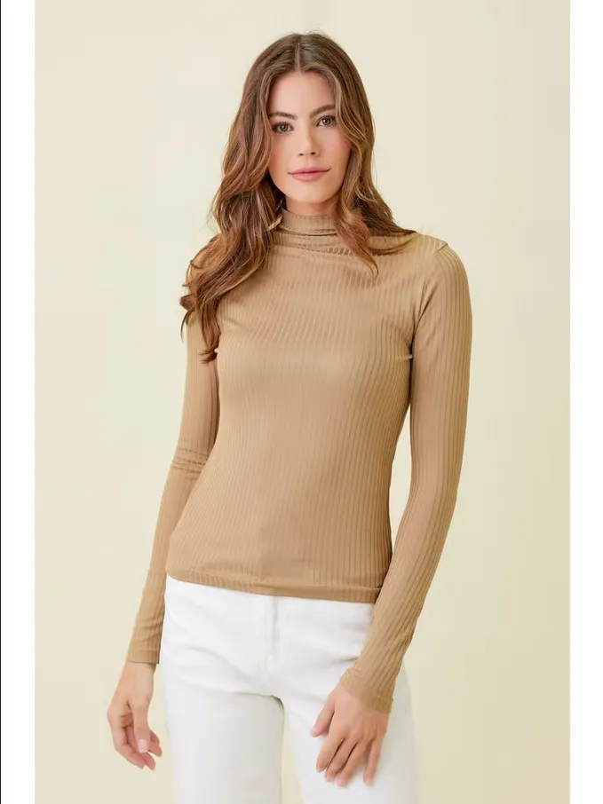 Mystree Ribbed Mock Neck Long Sleeve Top