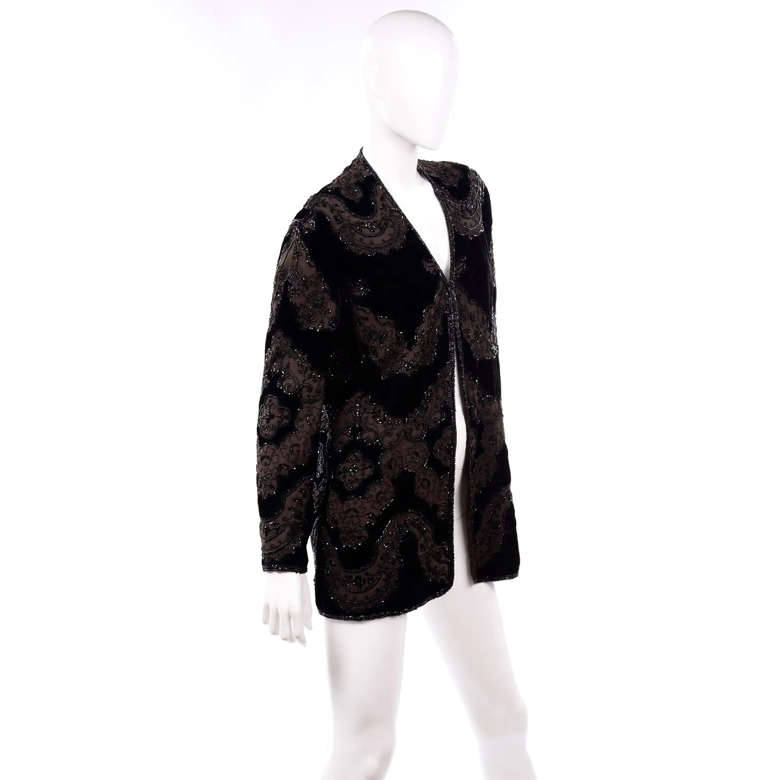 Oleg Cassini Black Tie Vintage Silk Beaded Black & Brown Evening Jacket Top