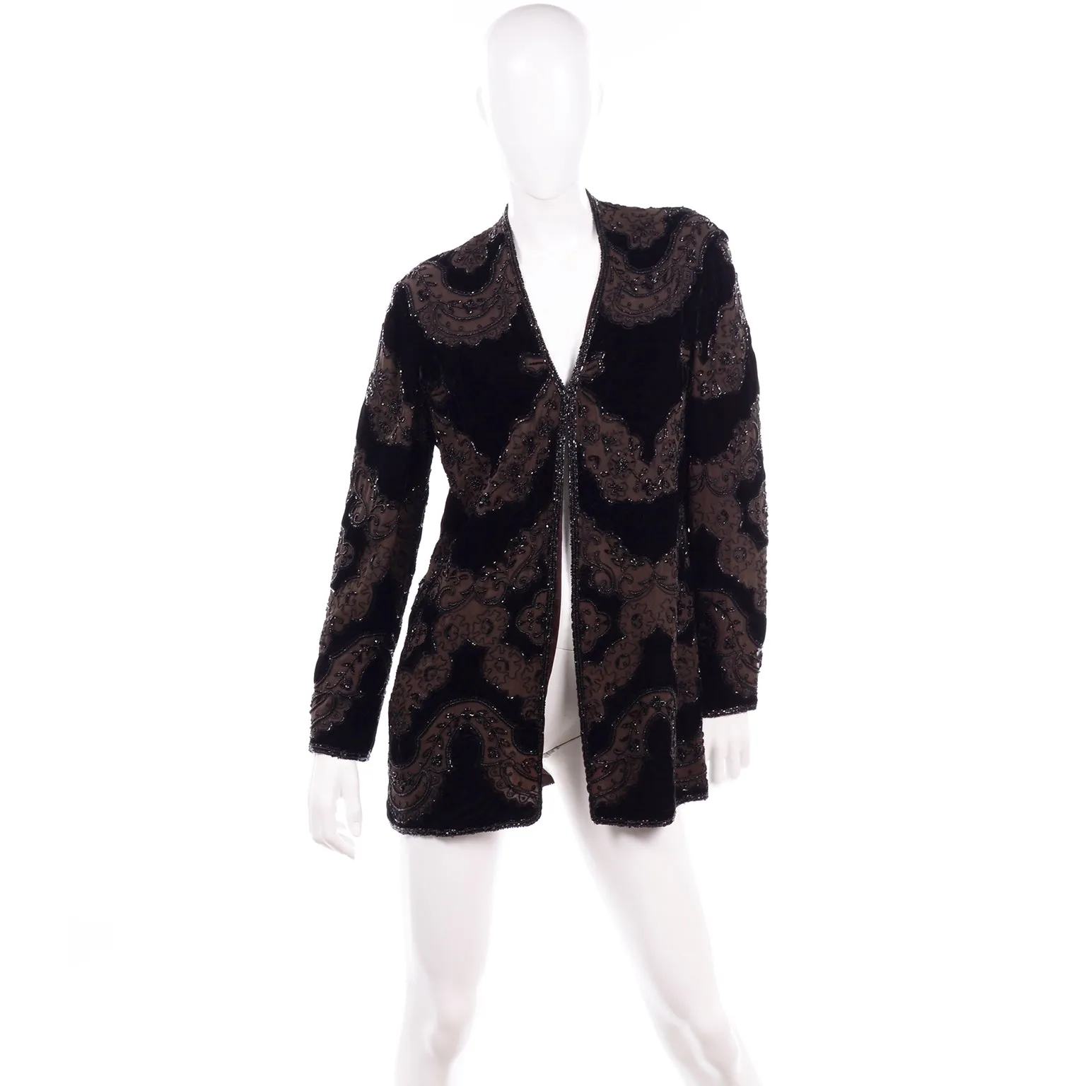 Oleg Cassini Black Tie Vintage Silk Beaded Black & Brown Evening Jacket Top