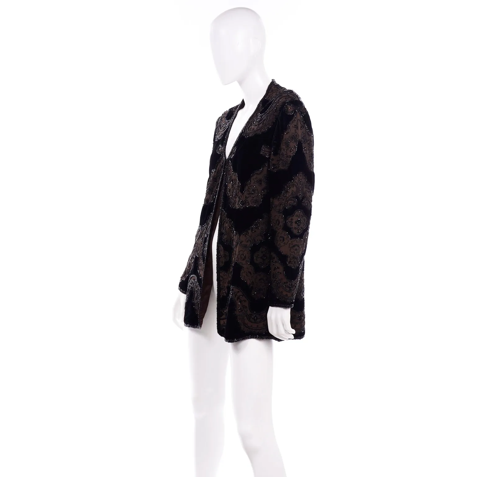 Oleg Cassini Black Tie Vintage Silk Beaded Black & Brown Evening Jacket Top