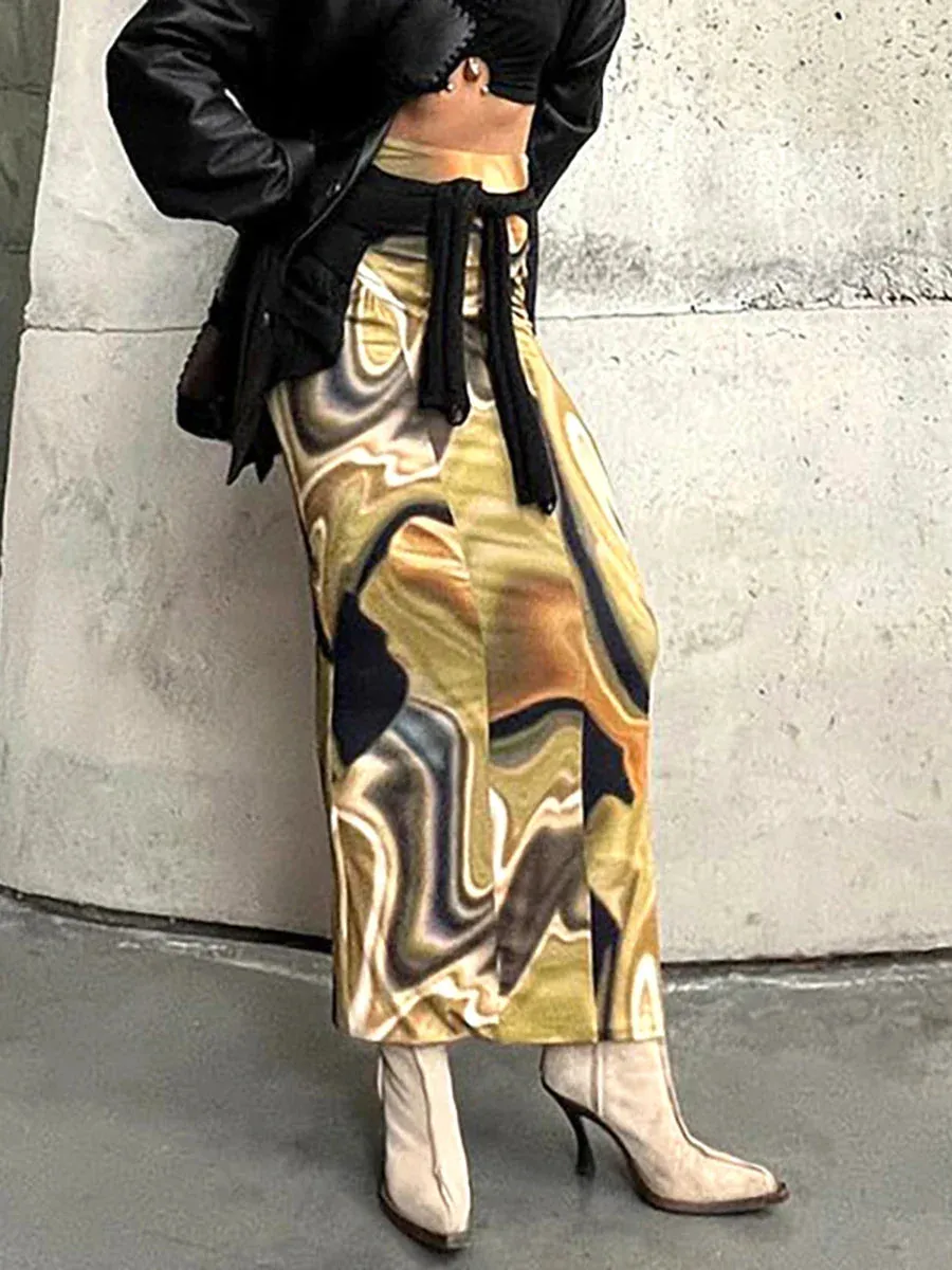 Print High Waist Contrast Color Ruched Straight Mid-Length Summer Autumn Bodycon Skirt