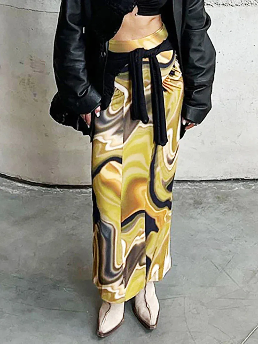 Print High Waist Contrast Color Ruched Straight Mid-Length Summer Autumn Bodycon Skirt