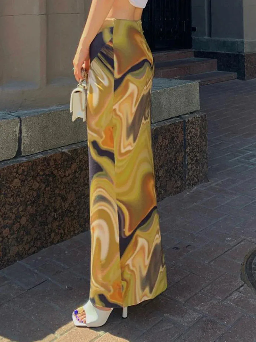 Print High Waist Contrast Color Ruched Straight Mid-Length Summer Autumn Bodycon Skirt