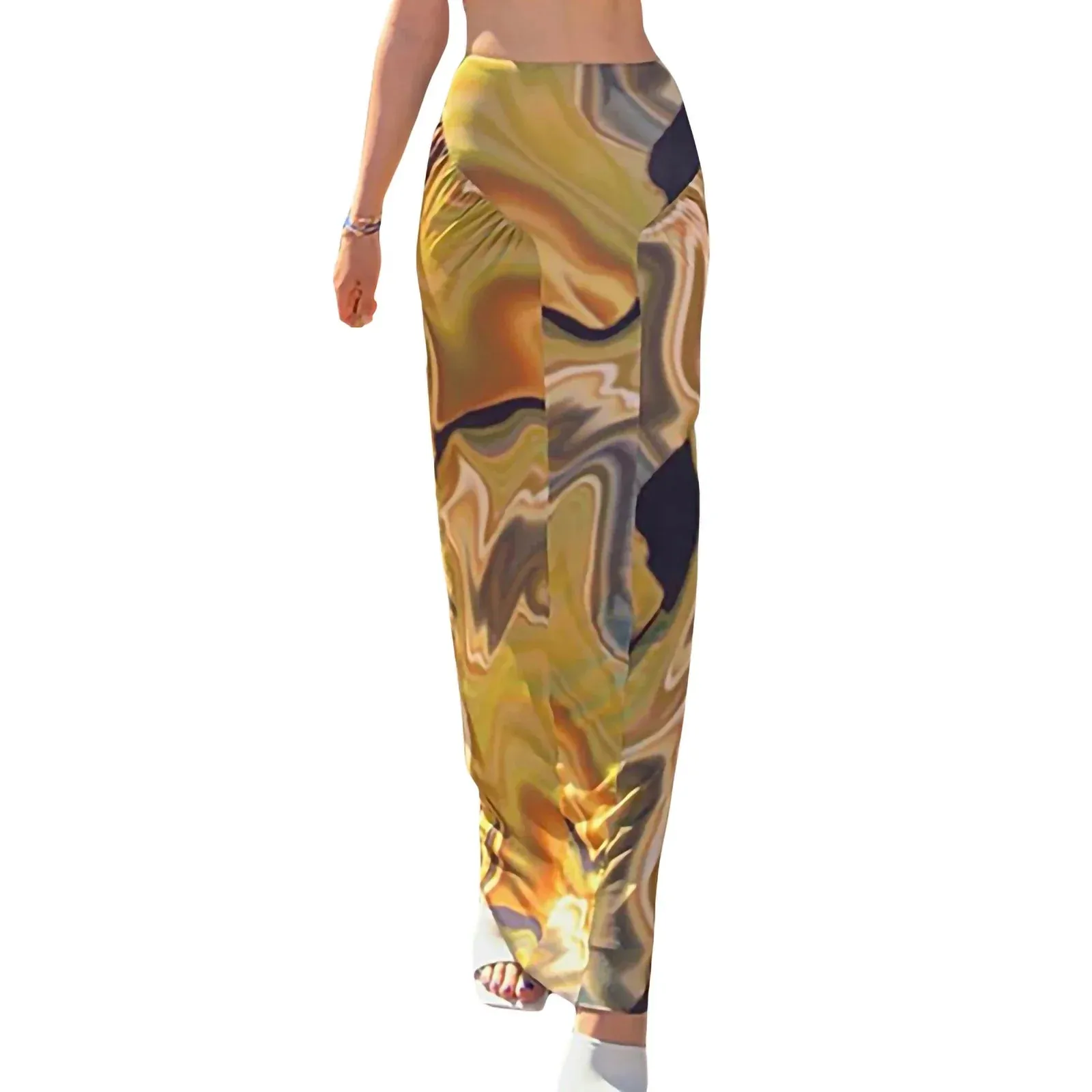 Print High Waist Contrast Color Ruched Straight Mid-Length Summer Autumn Bodycon Skirt