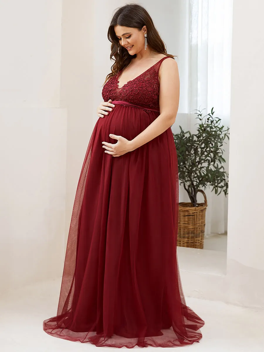 Robe de Grossesse Longue en Dentelle à Double Col en V et en Dentelle de Grande Taille