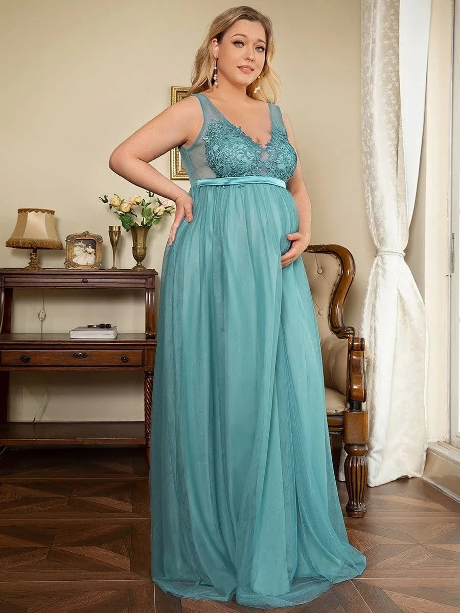 Robe de Grossesse Longue en Dentelle à Double Col en V et en Dentelle de Grande Taille