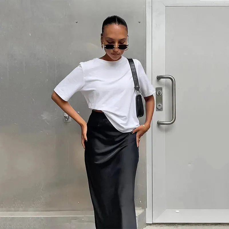 Satin Black Trumpet Office Long Skirt