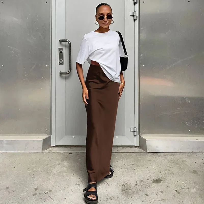 Satin Black Trumpet Office Long Skirt