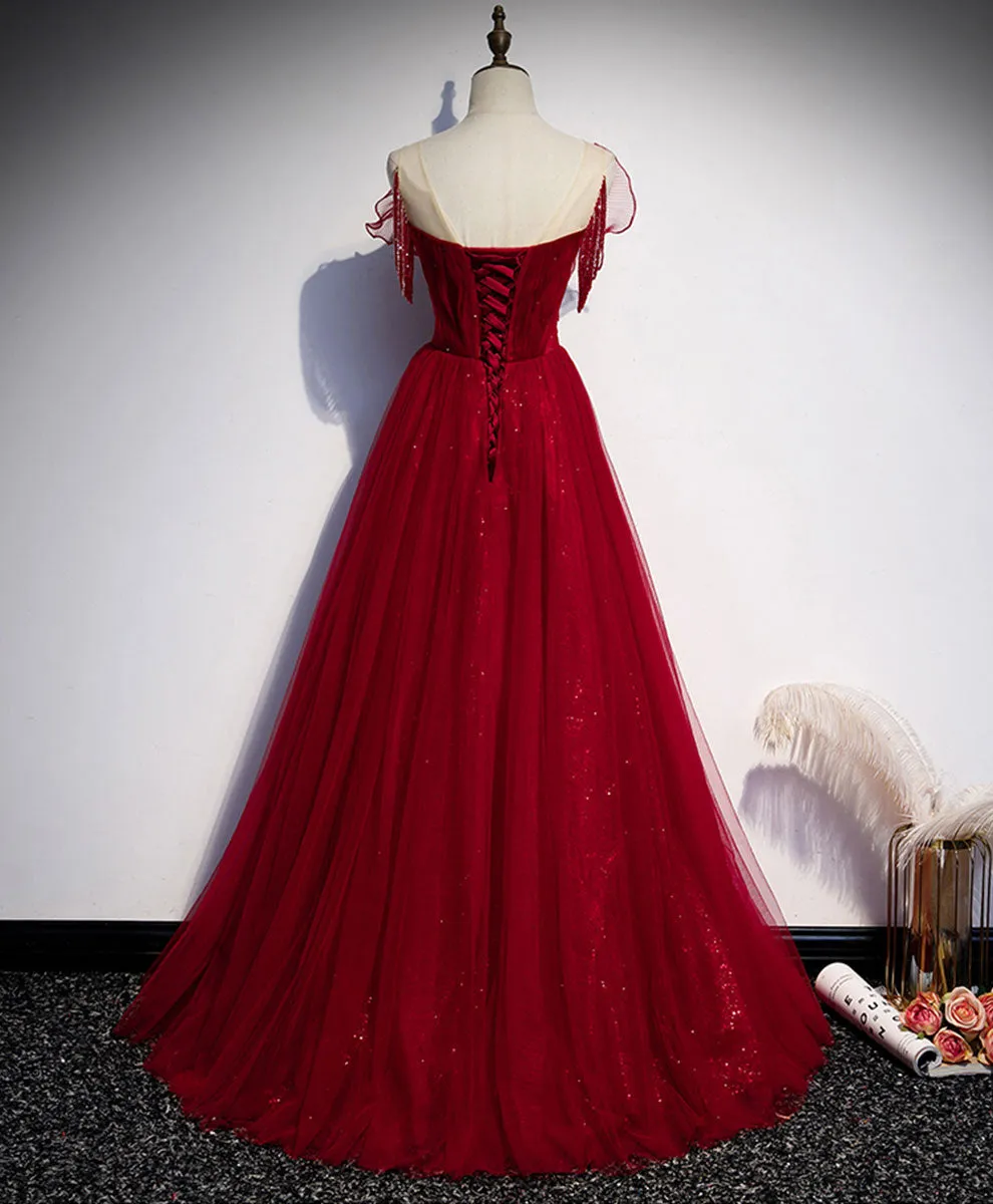 Simple Round Neck Tulle Burgundy Long Prom Dress Burgundy Formal Dresses