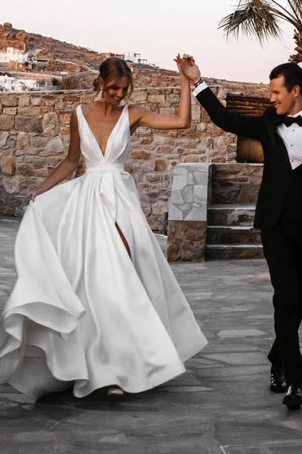 Simple White Satin V Neck Wedding Dress With Sweep Train