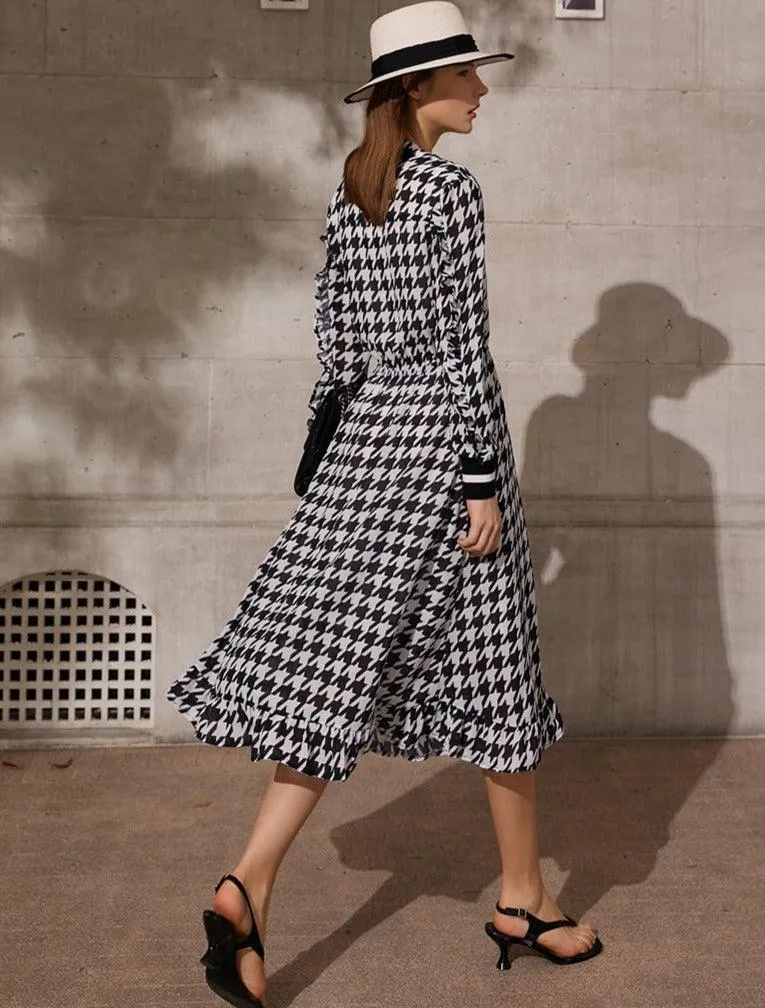 Vintage V-neck High Waist Calf-length Temperament Fashion  Dress For Women