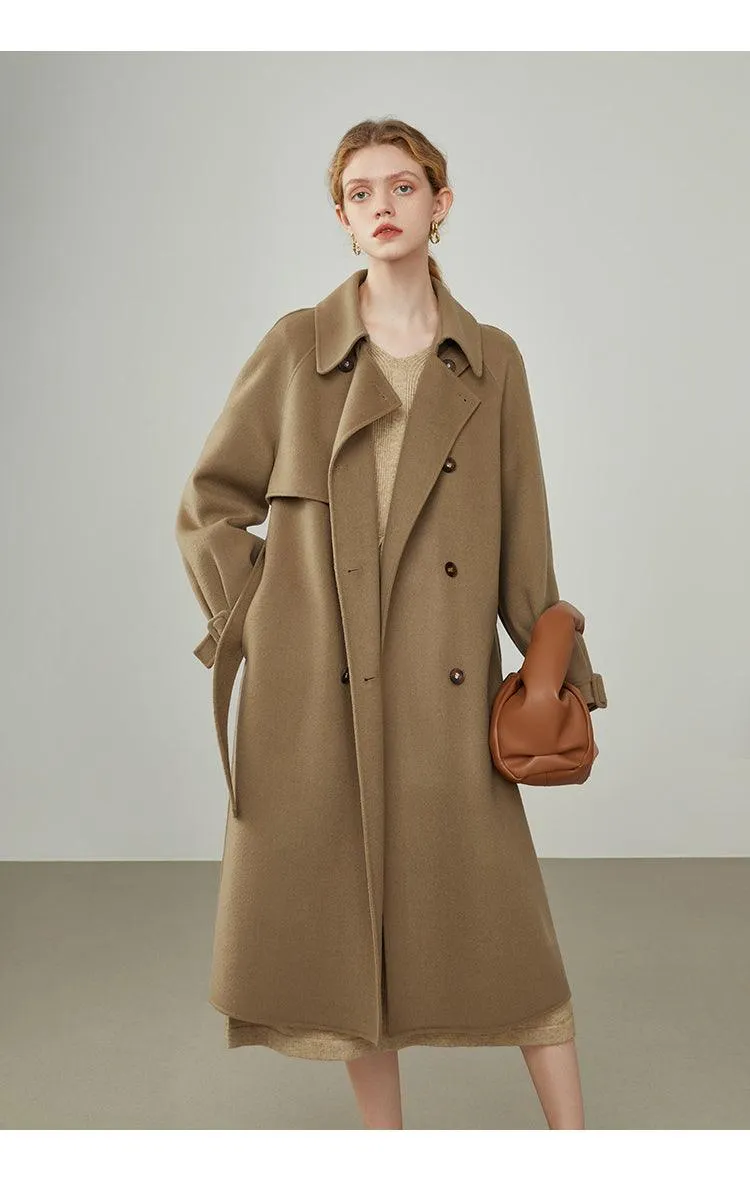 Women Winter V-neck Lace-up Waist Long Thick Camel Knitted Dress